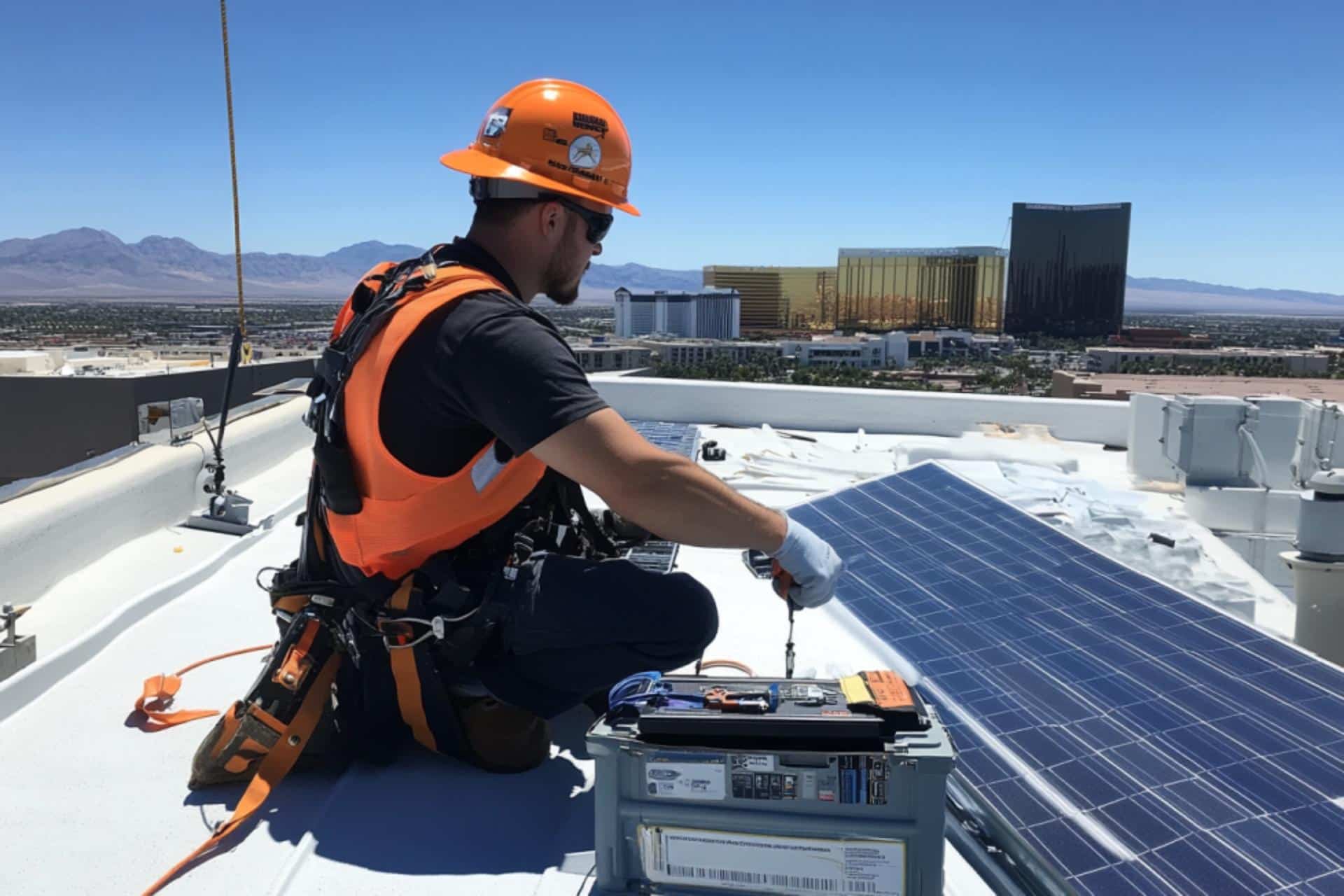 Solar Technician Installing Panels on a Rooftop